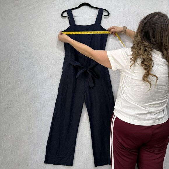 Quince Jumpsuit Womens XS Navy 100% Linen Wide Leg Tie Waist Pockets Square Neck - Picture 3 of 13